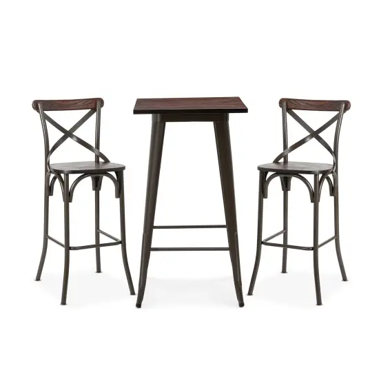 3 Piece Pub Table and Bar Chair Set - Steel Square Bar Table and Bar Chair Set Brown {6}