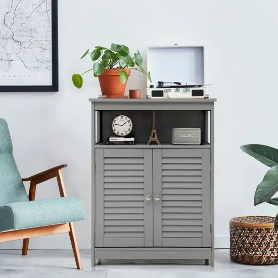 Bathroom Floor Cabinet with Louvered Doors and Open Shelf, Adjustable Storage Organizer Grey {3}