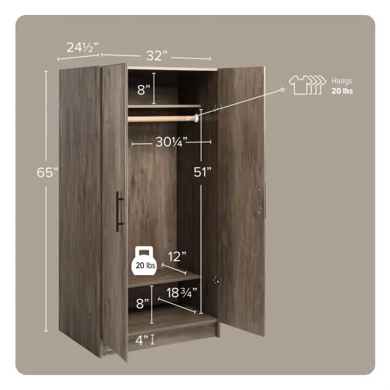 65-Inch Freestanding Tall Cabinet with Clothing Rod and Shelves for Bedroom or Kitchen Storage Grey Brown {3}