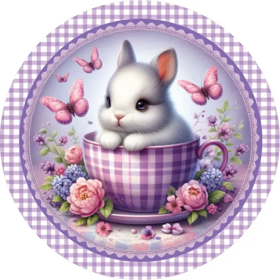 Purple Plaid Check Easter Spring Bunny Teacup Sign {2}