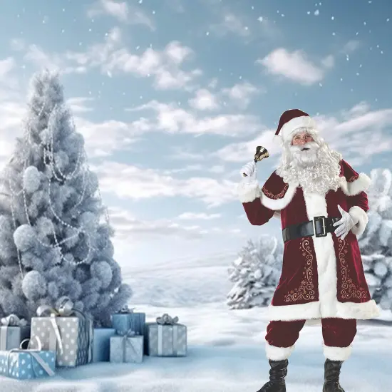 Men's St. Nick Flocked Velvet Santa Costume with Gold Trim and Boot Covers {1}