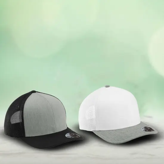 TravisMathew Cruz Colorblock Trucker Cap Structured Mid Profile Flexfit 110 with Breathable Mesh Heather Grey/ Black {6}