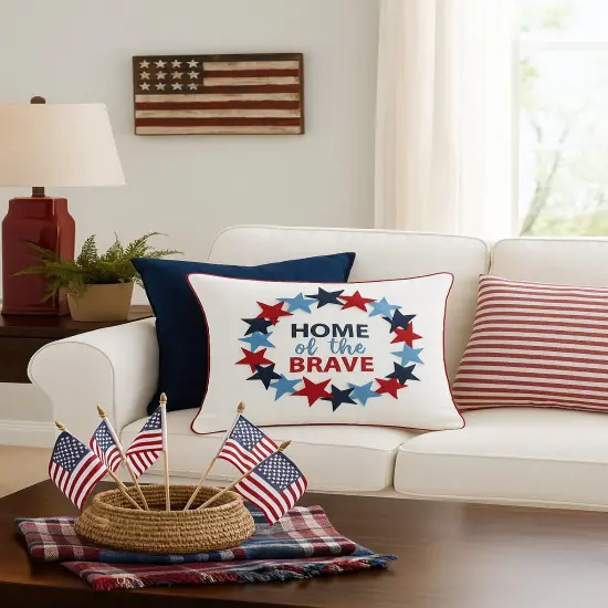 Patriotic "Home Of The Brave" Wreath Pattern Applique Accent Throw Pillow, 18" x 18" {3}