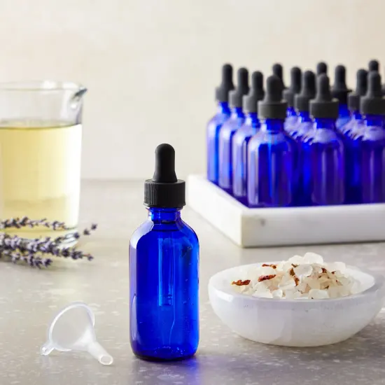30 Pack 2 Oz Blue Glass Eye Dropper Bottles with 6 Funnels for Essential Oils, Travel Aromatherapy Perfume, Liquid Cosmetics (36 Pieces) {2}
