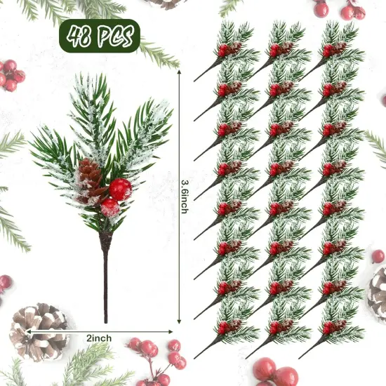Red Berry Stems Pine Branches Artificial Christmas Picks Floral Pine Cones Faux Stems Spray Christmas Tree Picks Artificial Branches(48 Pcs) {2}