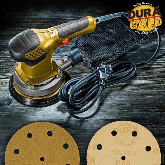 60 Grit - 5" Gold DA Sanding Discs - 9-Hole Pattern Hook and Loop - Box of 50 {5}
