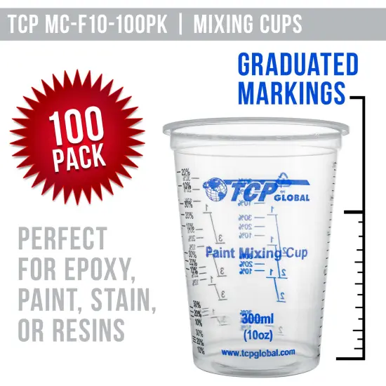 TCP Global 10 Ounce (300ml) Disposable Flexible Clear Graduated Plastic Mixing Cups - Box of 100 Cups & 50 Mixing Sticks - Use for Paint, Resin, Epoxy {2}