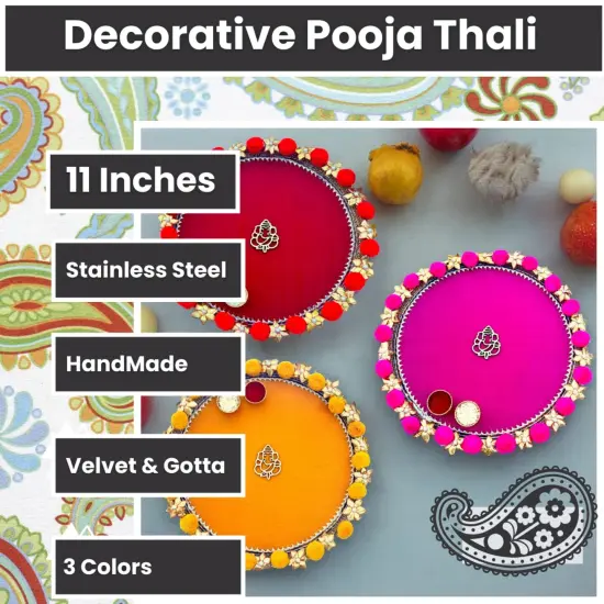 Steel Pompom Ganesha Decorated Pooja Thali Handmade Aarti Rituals Platter Festival Haldi Kumkum Thali Puja Teej Diwali Wedding Engagement Plate Decorations - Housewarming Gift Red {6}