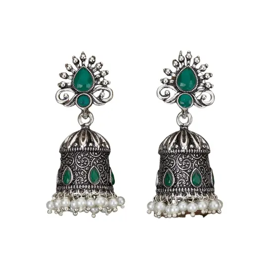 Indian Oxidized Jhumka Earrings for Women - Vintage Indian Jhumki Ethnic Chandbali Earrings Faux Pearls with Oxidized Platting Bollywood Style Dangle Earring Jewelry for Bride Gift for Her WHITE {7}
