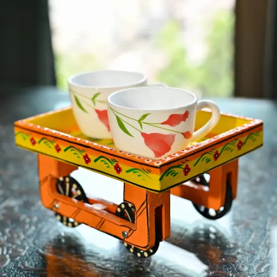 Wooden Trolley with Wheels Hand Painted Serving Tray Indian Decorative Platter for Snack Tea Home Kitchen Restaurant Table Decor Great Gift Idea {4}