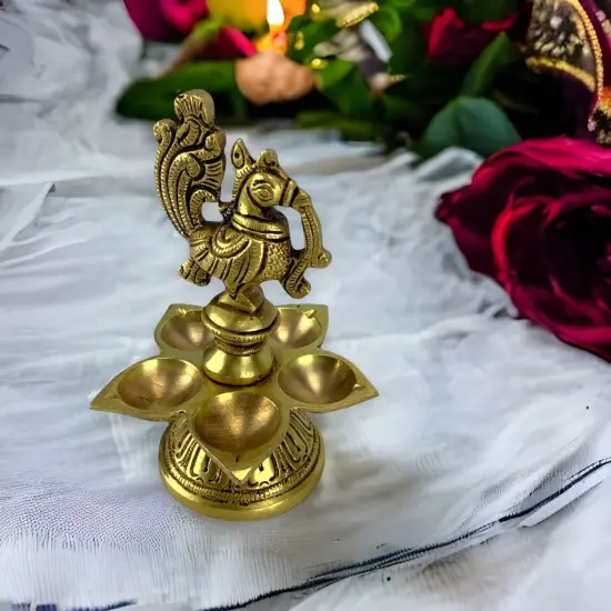 Peacock Deepam Brass Finish Diya Annam Deepak Samai Oil Lamp with Base Indian Festival Diwali Diya Hindu Puja Religious Home Decor Pooja Lamp Indian Housewarming Wedding Return Gift {2}