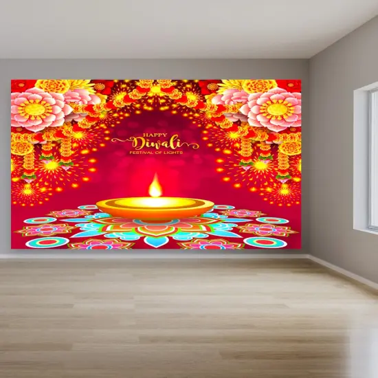 Happy Diwali Banner Indian Traditional Backdrop Cloth 5x8 Feet Indian Diwali Decor Pooja Wall Decor Indian Wall Art Photo Decor Banner Decorative Pooja Cloth Diwali Celebration {6}