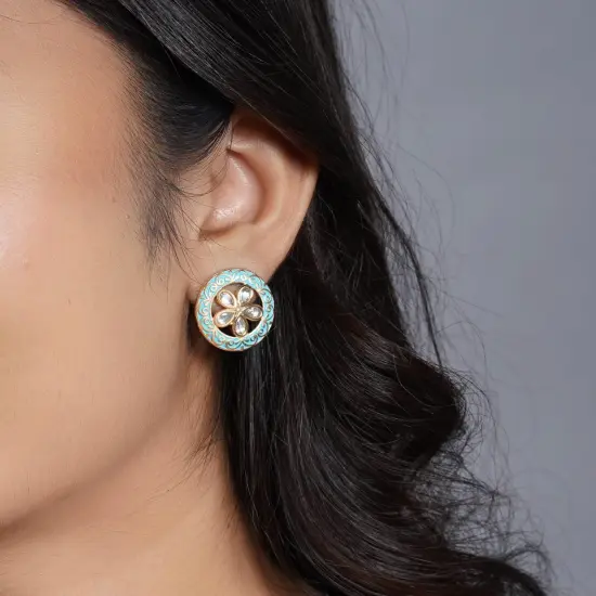 Indian Kundan Stud Earrings for Women - Kundan & Pearl Tassel Round Earrings, Small Tops Earring, Golden Tone Bollywood Style Dangle Earrings, Chandelier Jhumki Jewelry, Bridal Earrings, Gift for Her Pink {7}