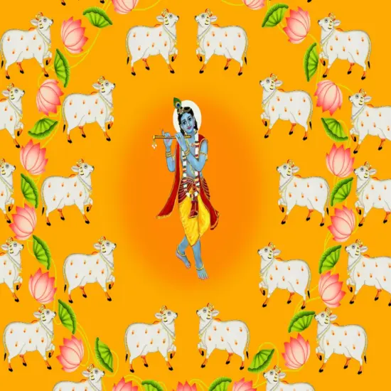 Lord Krishna Backdrop with Cow Indian Traditional Cloth Pooja Backdrop Indian Wall Art Photo Decor Banner Designer Wall Hangings Diwali Decor Wedding Housewarming Gift Green {3}