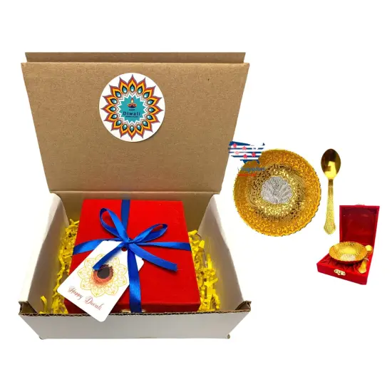 Diwali Gift Hamper German Gold Silver Plated Round Bowl and Spoon with Velvet Box Diwali Gift Item Festive Diwali Pujan Home Decorative Bhog Bowl for Employees Friends Relative {1}