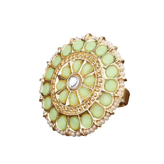 Kundan Pearl Ring with Gold Plating Vintage Round Statement Ring for Women Boho Open Wrap Finger Rings Adjustable Indian Bollywood Jewelry Hand Accessories for Wedding Party Gift Mint {1}