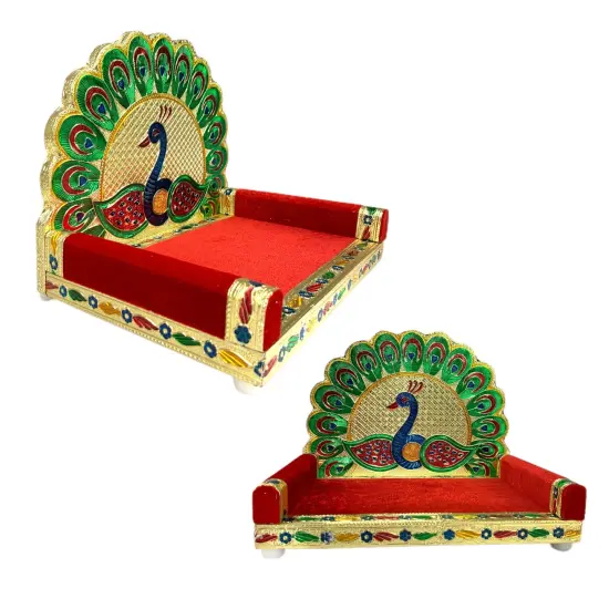 Wooden Laddu Gopal Sinhasan for Pooja Mandir Peacock Design Kanha Ji Singhasan Krishna Singhasan Aasan for All God Janamashtami Favor Meenakari Singhasan Housewarming Gift {5}