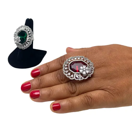 Fake American Diamond Cz Stone Ring for Women - Rhodium Platingindian Pakistani Wedding Jewelry Classic Ring Green {2}