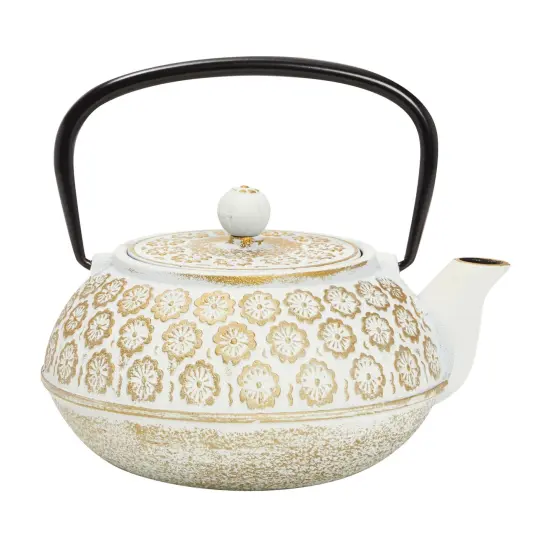 White Floral Cast Iron Teapot Kettle with Stainless Steel Loose Leaf Infuser (34 oz) {7}