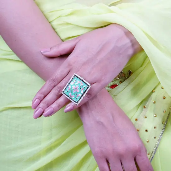 Classic Ring Meenakari Work Designer Adjustable Pearl Finger Ring for Women Minakari Ring with Gold Plating Statement Ring Boho Open Wrap Indian Bollywood Jewelry for Wedding Party Peach {4}