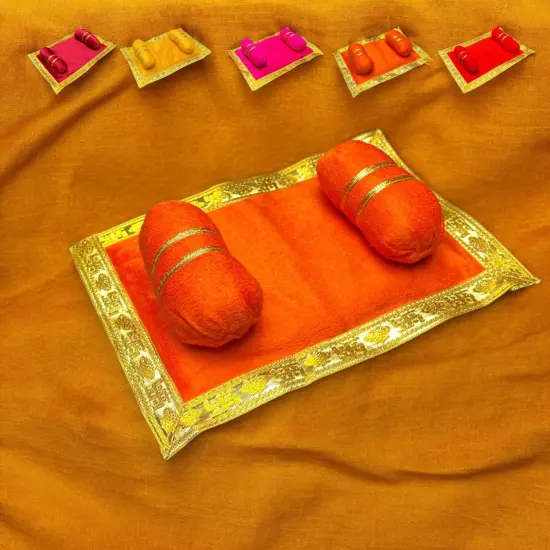Laddu Gopal Velvet Asan Takiya Pillow Set for Lord Ganesha, Krishna, Kanha Ji, Bal Gopal God Goddess Idol Soft Mattress Cushion/gadda Bed Cum Aasan Set (7x4.5 Inch) Orange {1}