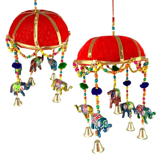 Elephant Door Hanging Rajasthani Wall Window Feng Shui Hanging Handicraft Traditional Ethnic Latkan Toran with Tokri Umbrella for Home Office Decor Decorative Ornament Festival Party Decor Pink {6}