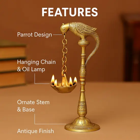 2 Pc Parrot Brass Oil Diya Kerala Samai Puja Diya Traditional 7.5 Inches Bird Pair Hanging Chain Oil Lamp Hindu Religious Kathu Vilakku Deepak for Home Temple Diwali Decor Housewarming Gift {3}