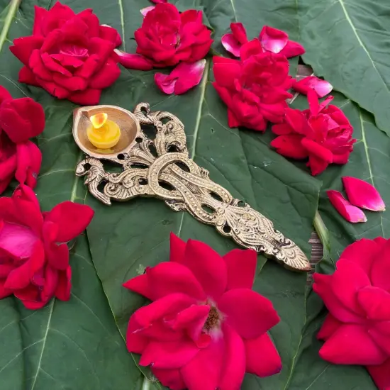 Brass Pooja Aarti Spoon 1 Pc Diya Twin Peacock Design Round Hawan Spoon for Pouring Ghee in Hawan Kund Diwali Gift Ethnic Indian Aarti Spoon Wedding Return Gifts Home Temple Decor {1}