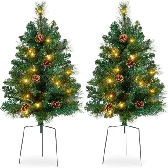 24.5in Pre-Lit Outdoor Christmas Trees, Battery Operated Holiday Pair with LED Lights Green W/Berries {9}
