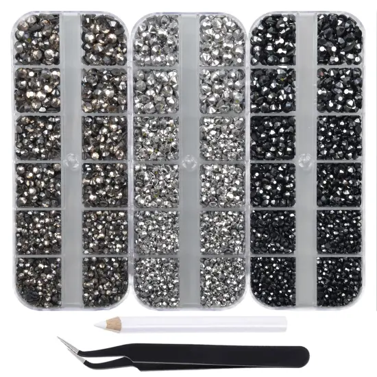 4500pcs+ Flatback Glass Hotfix Iron On Rhinestones Crystal for DIY Making with 1 Tweezer & 1 Picking Pen for Shoe, Cloth, Face Art, Bag, Manicure (3-Sizes,3-Colors, Black Color Series) {1}