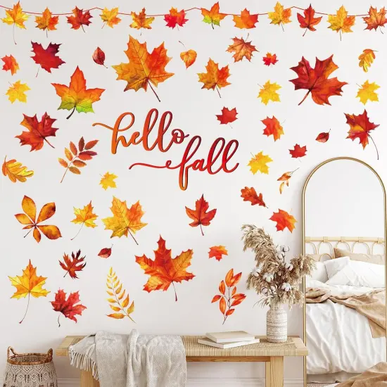 9 Sheets- Fall Wall Decor Stickers Hello Fall Maple Leaves,8.3 x 10.6 Inch {1}