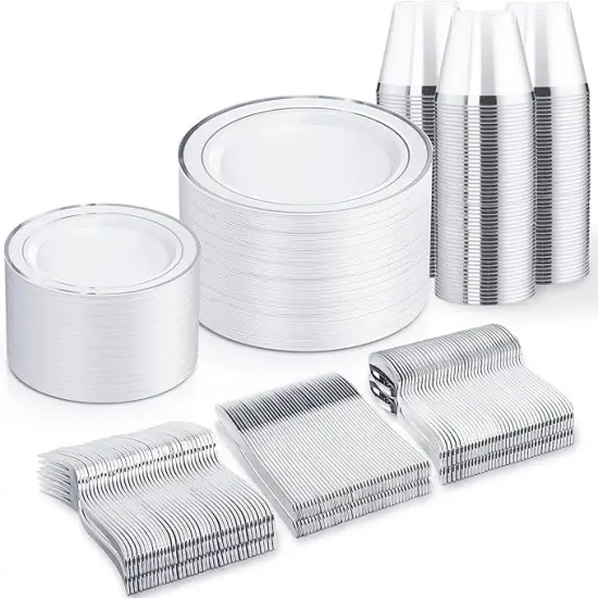Silver Disposable Dinnerware Set &ndash; 25, 50, 75, 100 Guest Options, Plates, Silverware, Cups for Wedding, Party, Events {2}