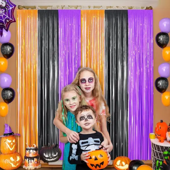 2 Packs 3.3ft x 6.6ft Orange Purple Black Metallic Tinsel Foil Fringe {4}