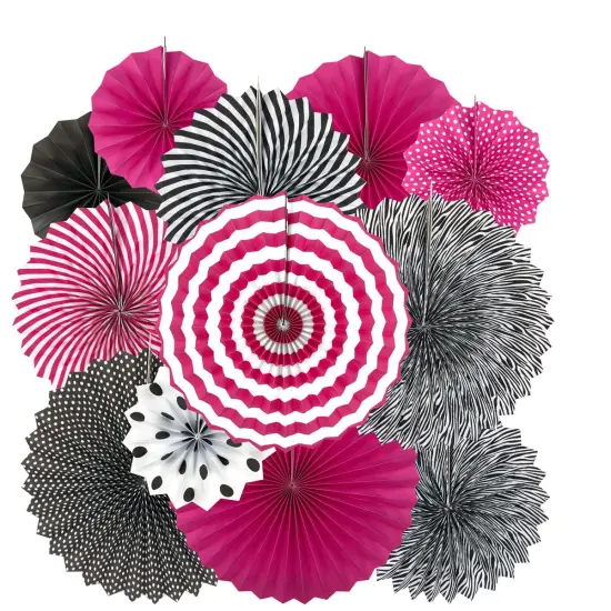 Hot Pink and Black Birthday Party Hanging Paper Fans Decorations - Women Girls Birthday Party Wedding Bridal Shower Bachelorette Carnival Party Ceiling Hangings Photo Booth Backdrops Decorations, 12pc {1}