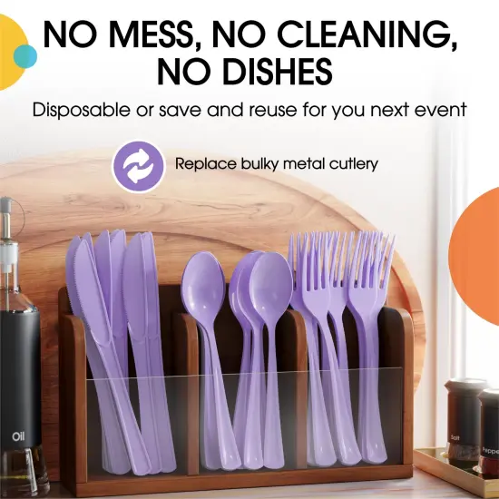 Exquisite Polished Plastic Silverware &ndash; 150 Pcs Heavy Duty Cutlery Set &ndash; 50 Each of Forks, Knives & Spoons &ndash; Disposable Utensil Set for Parties, Events & Catering &ndash; Flatware Set by Party Solids Lavender {5}