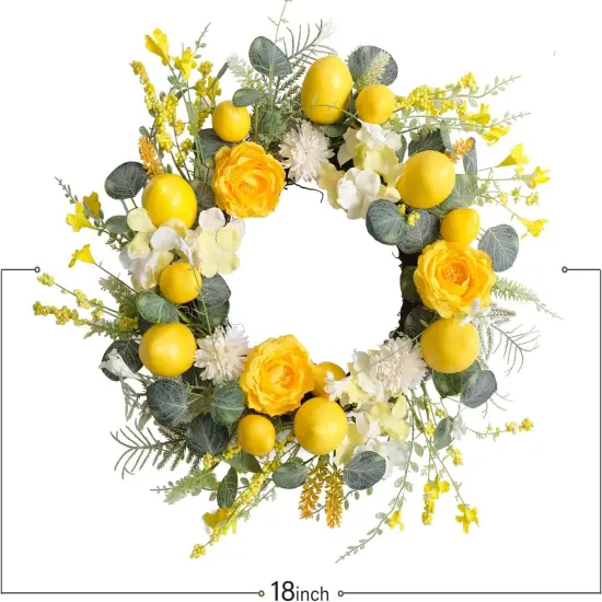 Summer 18 Inch Yellow Lemon Roses Wreath for Front Door, Eucalyptus Leaves with Hydrangea and Forsythia Flowers, Rustic Farmhouse Indoor and Outdoor Door Wreath for Home Decor {3}