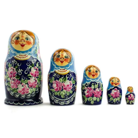 Set of 5 Blue Floral Dress Girls Wooden Nesting Dolls 7 Inches {1}