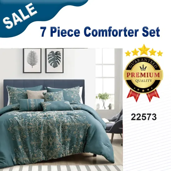 7 Piece Blue Queen Comforter Set with Damask Pattern {2}