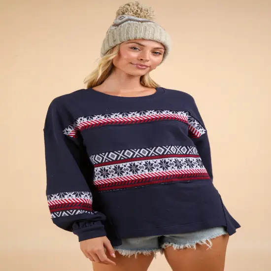 Oversized Printed Knit Contrast Knit Top WINE {3}