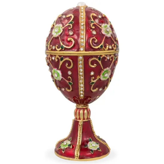 Green Flowers on Red Enamel Royal Inspired Imperial Metal Easter Egg {1}