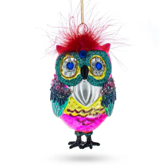 Vibrant Colorful Owl Glass Christmas Ornament {3}