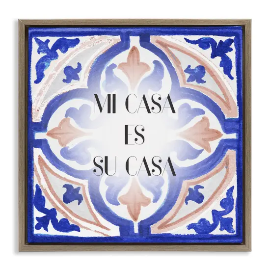Stupell Industries Mi Casa Azulejos Tropicales Framed Floater Canvas Wall Art Brown Floater Frame {1}