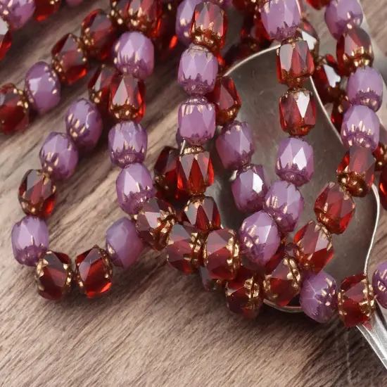 *20* 6mm Bronze Washed Mixed Pink Opal and Ruby Red Fire Polished Cathedral Beads {3}