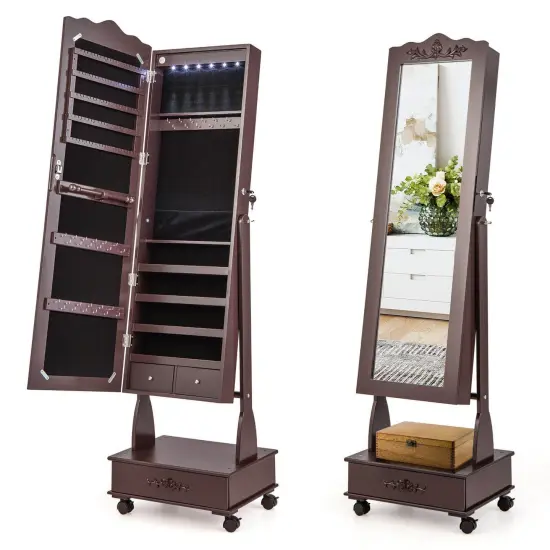 Rolling Floor Standing Mirrored Jewelry Armoire with Lock and Drawers Brown {7}