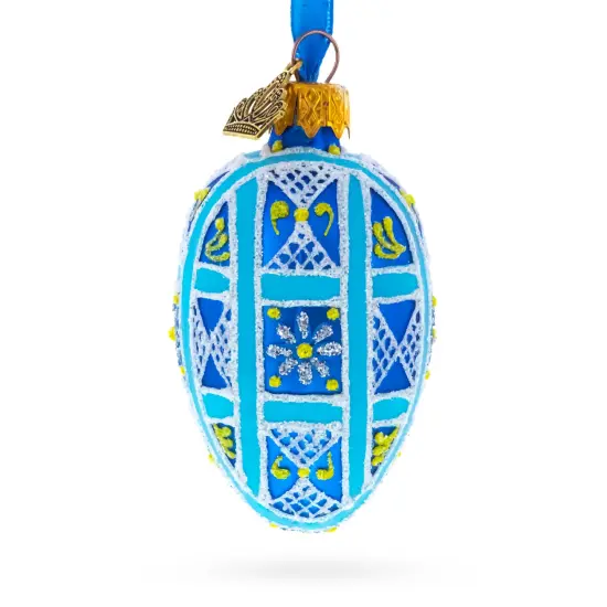 Cobalt Blue and White Geometric Floral Mini Glass Egg Ornament 2.9 Inches {1}