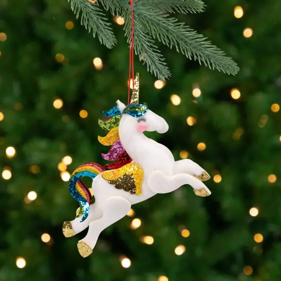 Northlight Plush Leaping Rainbow Unicorn Christmas Ornament - 6.5" White {1}