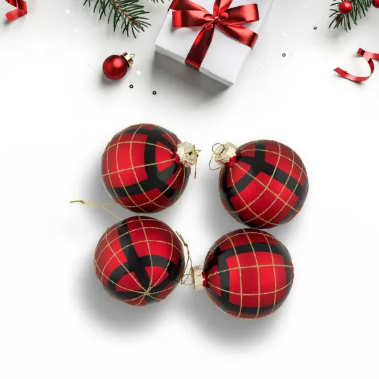 Northlight 4ct Red, Black and Gold Plaid Glass Ball Christmas Ornaments 3.25" {4}
