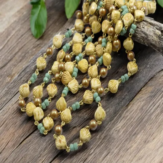 Alabaster Travertine Sea Shell Beaded Chain - Sold by the foot {2}