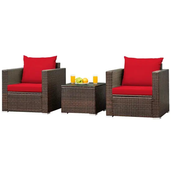 3 Pcs Patio Conversation Rattan Furniture Set with Cushion Beige {10}