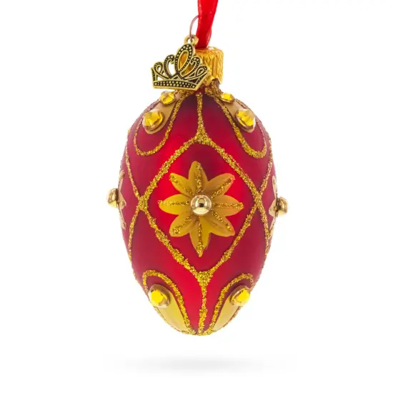 Red with Gold Floral and Jewel Accents Mini Glass Egg Ornament 2.9 Inches {1}